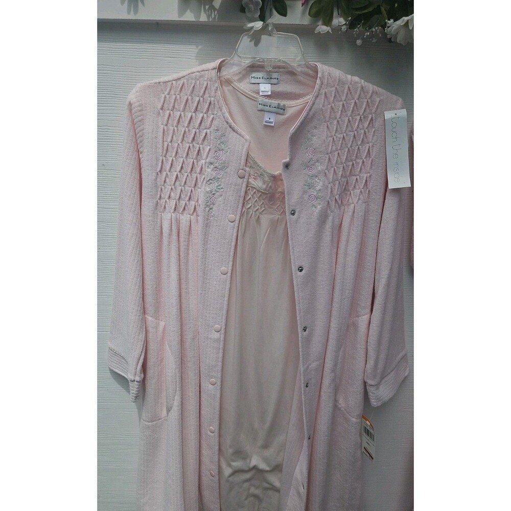 NEW Miss Elaine Pink Brushed-Back Terry Short Button-Up Robe And Nightgown Set